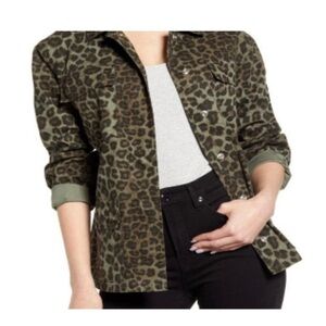 Good American The Camo Schacket Jacket  in Sage Leopard ButtonUp Size Small